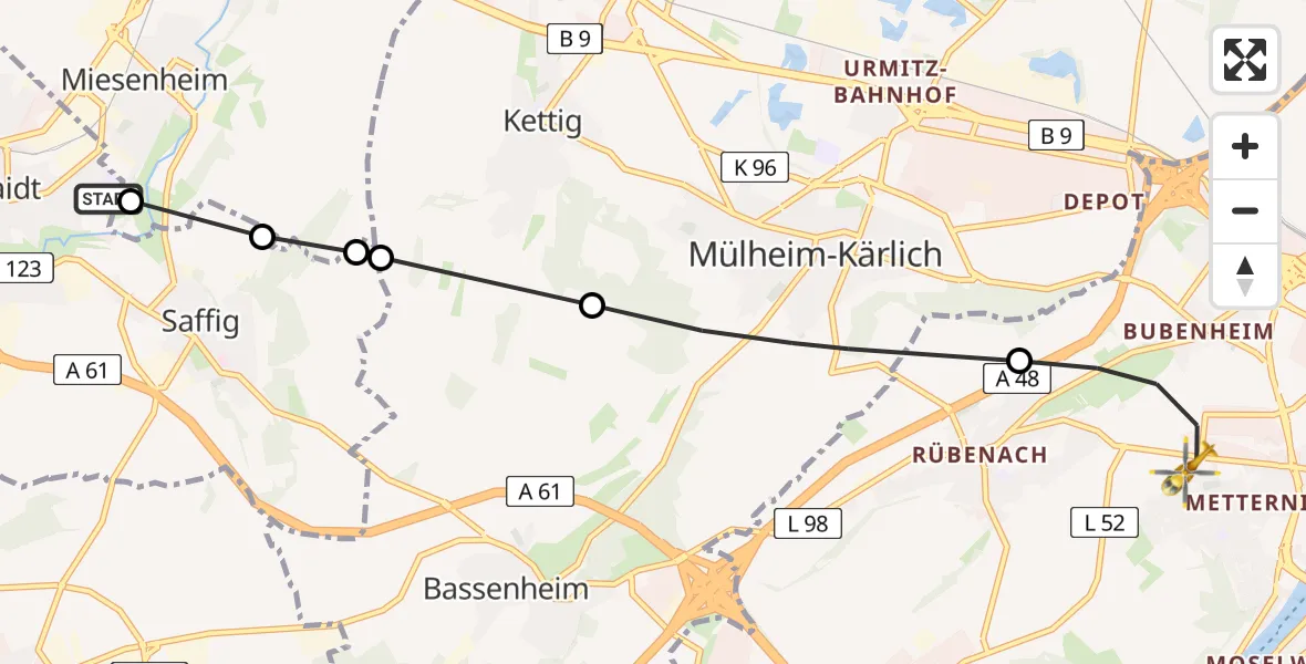 Flugroute Rettungshubschrauber Plaidt - Koblenz, 20 Juni 2026, 08:31