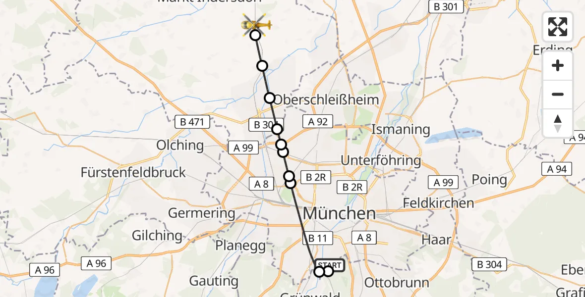 Flugroute Rettungshubschrauber ADAC Air Rescue Center Hubschrauberlandeplatz (Christoph 1) - Röhrmoos, 20 Juni 2026, 08:33