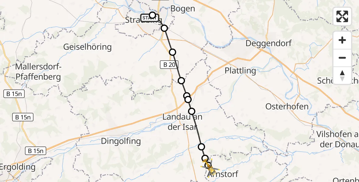 Flugroute Rettungshubschrauber Sankt Elisabeth Hospital Straubing - Arnstorf, 20 Juni 2026, 08:35