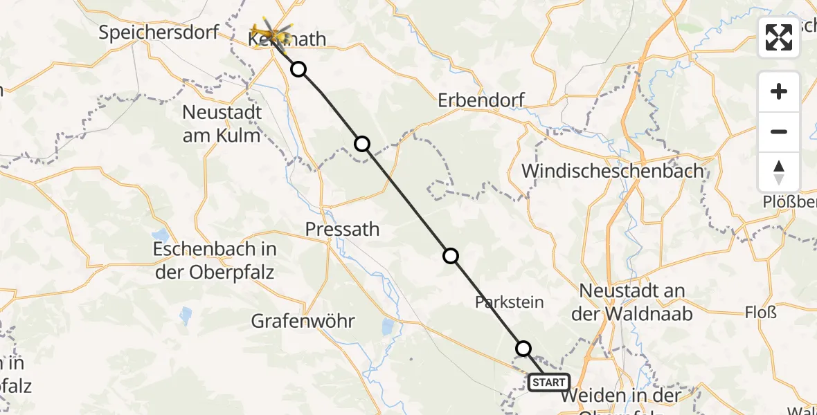 Flugroute Rettungshubschrauber Weiden i.d.OPf. - Kemnath, 20 Juni 2026, 08:51