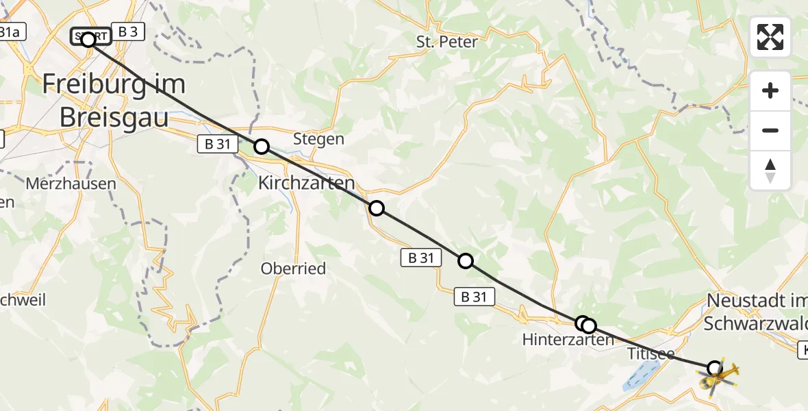 Flugroute Ambulanzhubschrauber Freiburg im Breisgau Flugplatz - Lenzkirch, 20 Juni 2026, 08:54