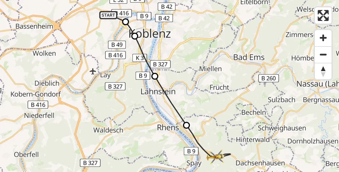 Flugroute Rettungshubschrauber Koblenz - Braubach, 20 Juni 2026, 08:58