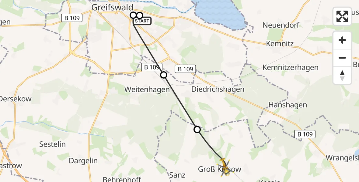 Flugroute Rettungshubschrauber Greifswald Hospital - Groß Kiesow, 20 Juni 2026, 08:59