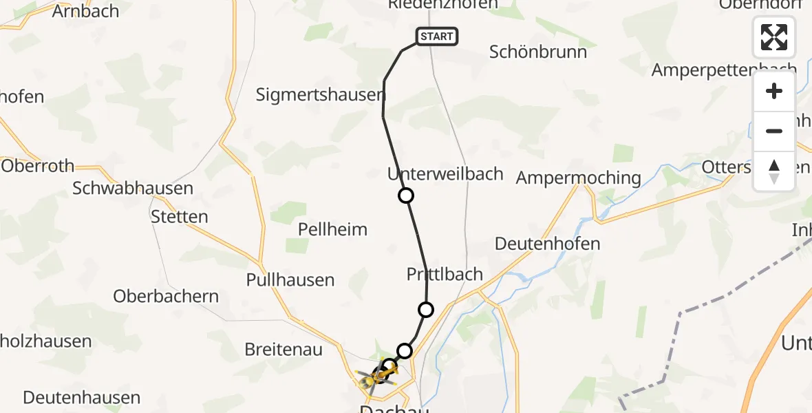 Flugroute Rettungshubschrauber Röhrmoos - Helios Clinic Dachau, 20 Juni 2026, 09:07