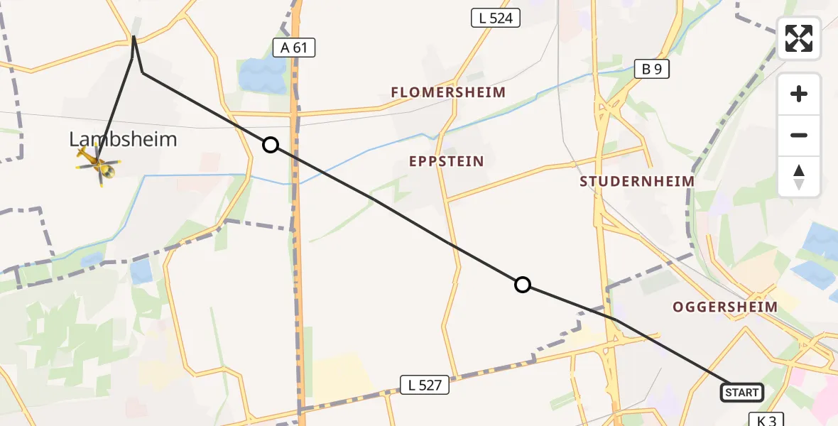 Flugroute Rettungshubschrauber Ludwigshafen am Rhein - Lambsheim, 20 Juni 2026, 09:07