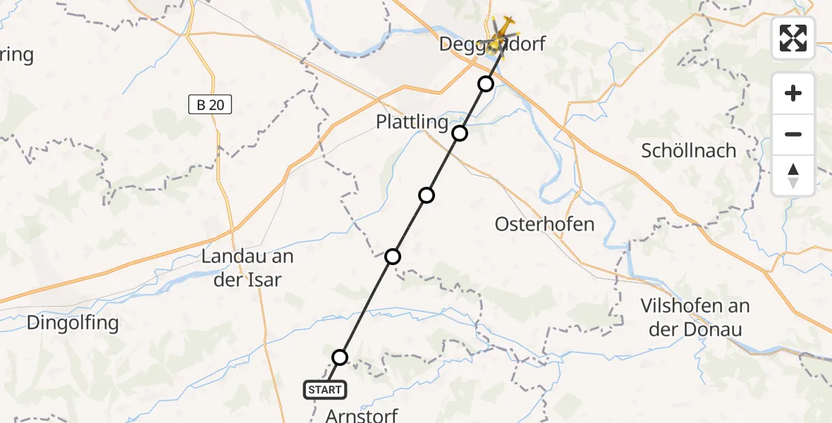 Flugroute Rettungshubschrauber Arnstorf - Deggendorf, 20 Juni 2026, 09:09