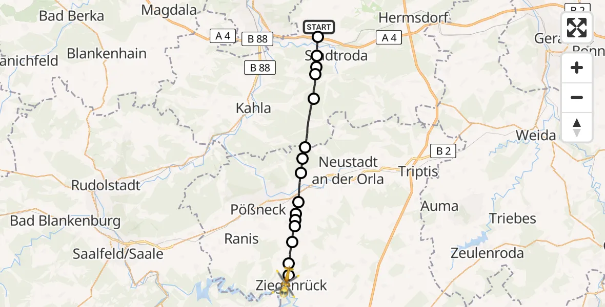 Flugroute Rettungshubschrauber Schlöben - Ziegenrück, 20 Juni 2026, 09:17