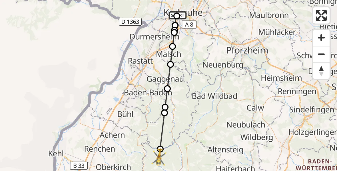 Flugroute Ambulanzhubschrauber Sankt Vincentius Hospital - Baiersbronn, 20 Juni 2026, 09:20