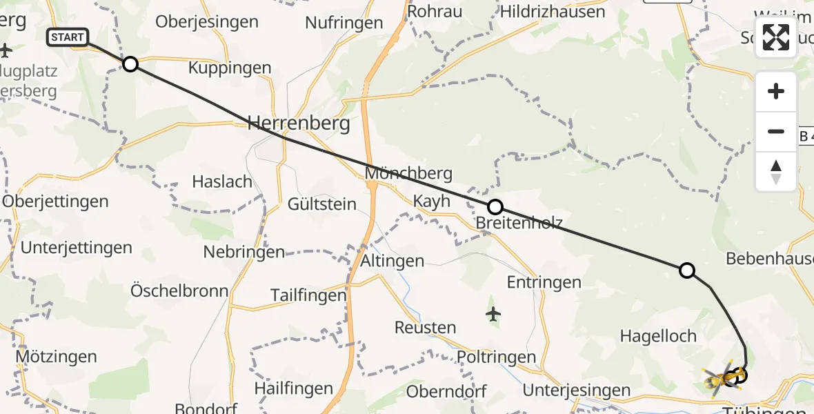 Flugroute Rettungshubschrauber Wildberg - Tübingen University Hospital, 20 Juni 2026, 09:22