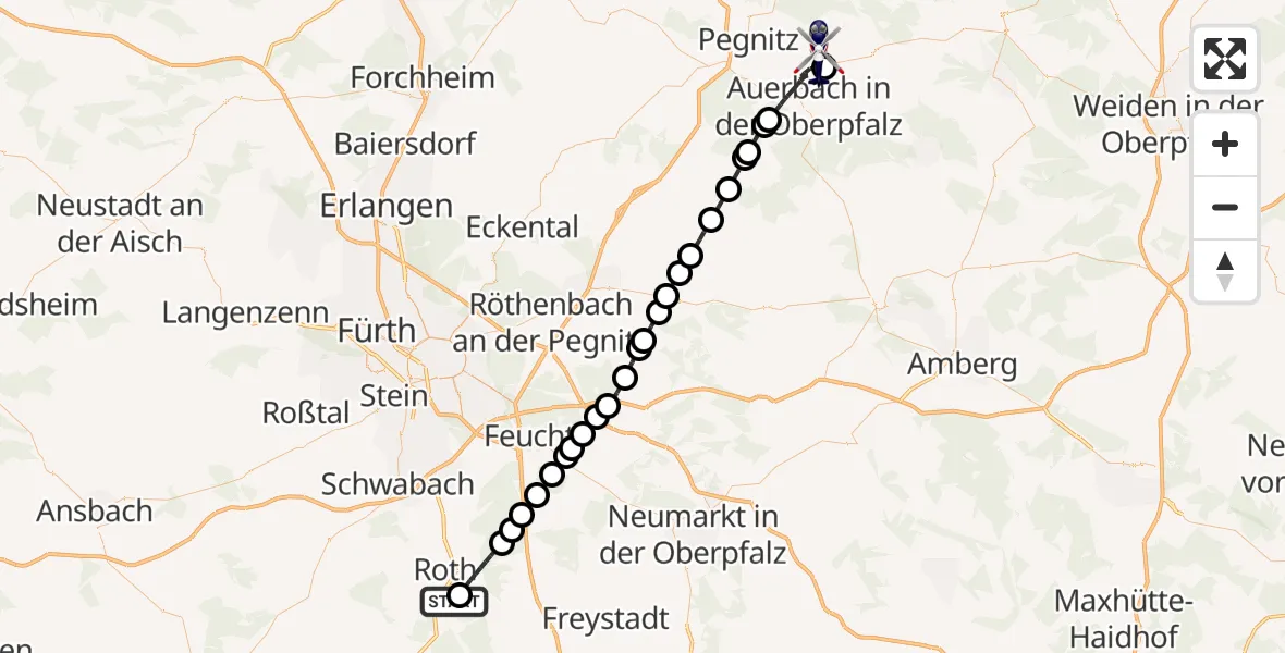 Flugroute Polizeihubschrauber Flugplatz Roth - Auerbach i.d.OPf., 20 Juni 2026, 09:23