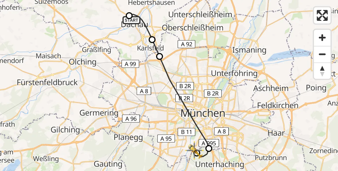 Flugroute Rettungshubschrauber Helios Clinic Dachau - ADAC Air Rescue Center Hubschrauberlandeplatz (Christoph 1), 20 Juni 2026, 09:30