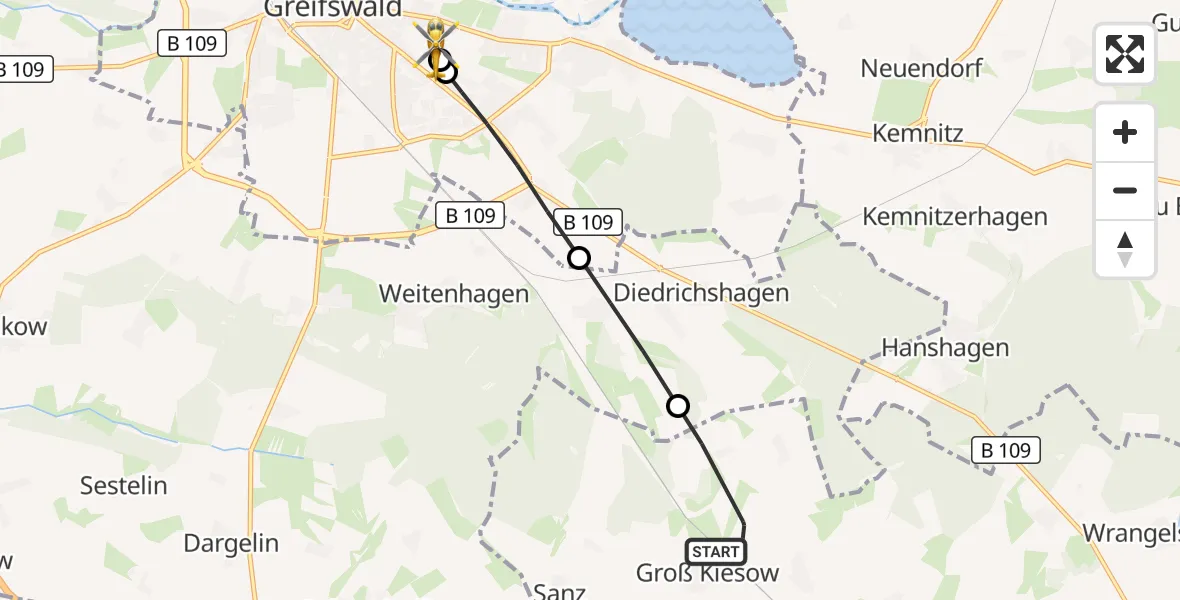 Flugroute Rettungshubschrauber Groß Kiesow - Greifswald Hospital, 20 Juni 2026, 09:35