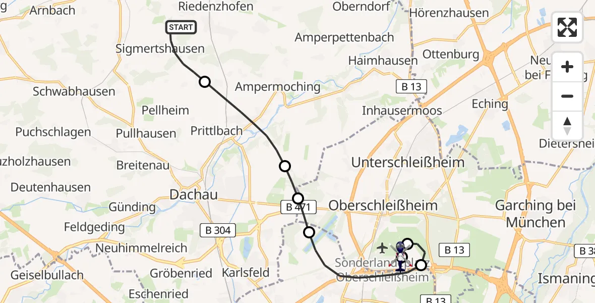 Flugroute Polizeihubschrauber Röhrmoos - Oberschleißheim, 20 Juni 2026, 09:36