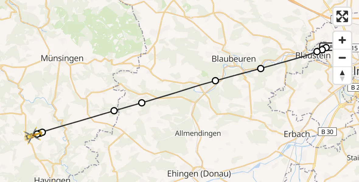 Flugroute Rettungshubschrauber Ulm Military Hospital Emergency - Hayingen, 20 Juni 2026, 09:38