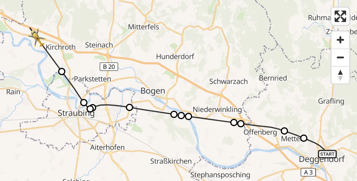 Flugroute Rettungshubschrauber Deggendorf - Kirchroth, 20 Juni 2026, 09:40