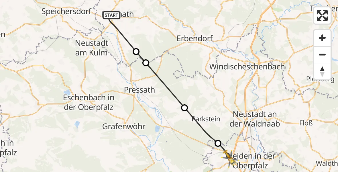 Flugroute Rettungshubschrauber Kemnath - Weiden in der Oberpfalz Flugplatz, 20 Juni 2026, 09:39