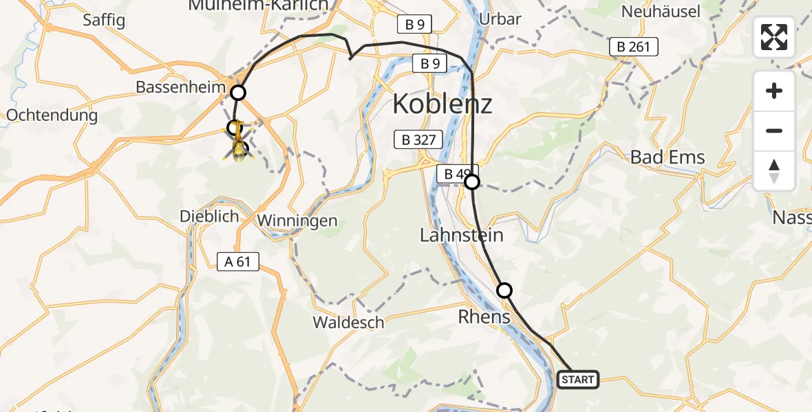 Flugroute Rettungshubschrauber Braubach - Kobern-Gondorf, 20 Juni 2026, 09:44