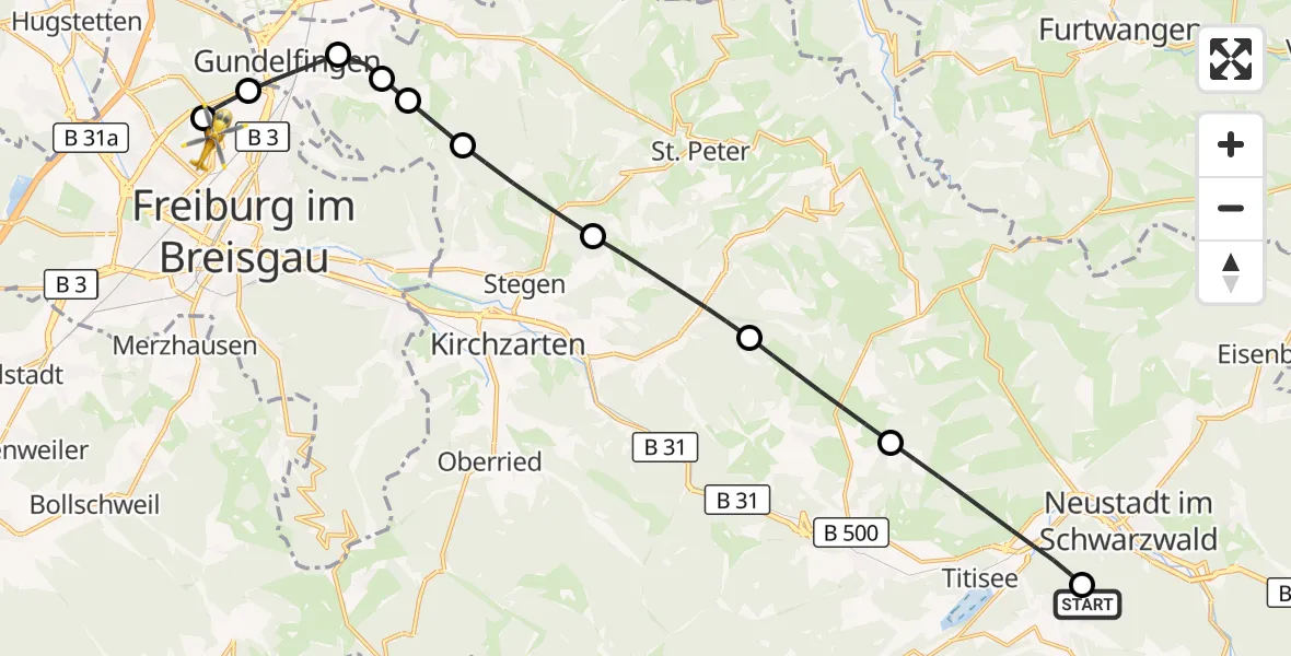 Flugroute Ambulanzhubschrauber Lenzkirch - Freiburg im Breisgau Flugplatz, 20 Juni 2026, 09:45