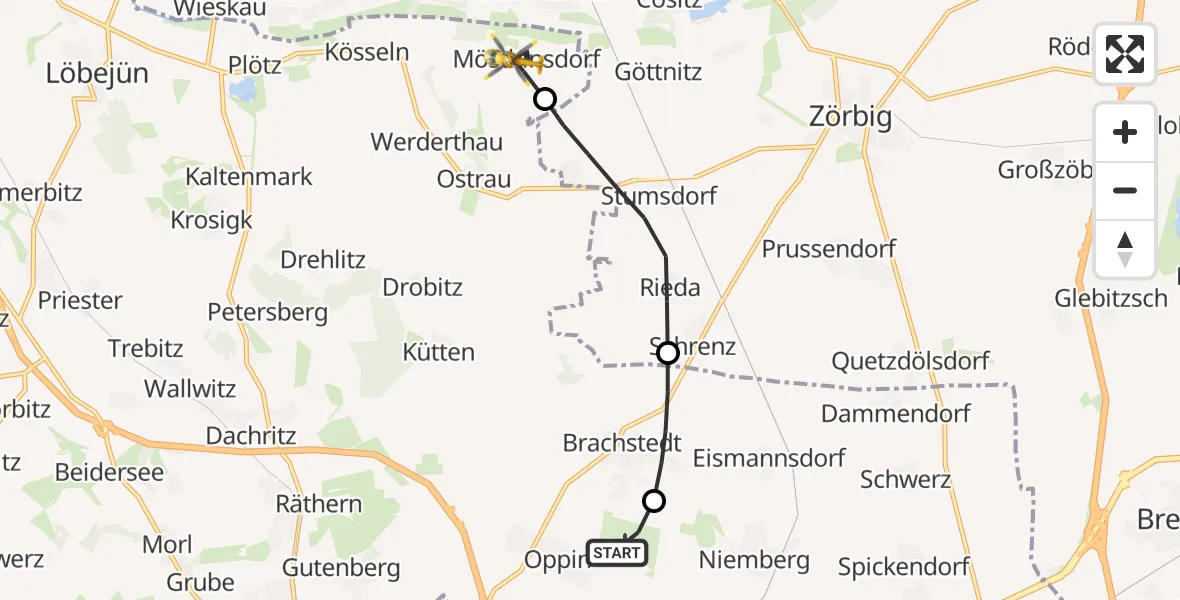 Flugroute Rettungshubschrauber Halle-Oppin Flugplatz - Petersberg, 20 Juni 2026, 09:49
