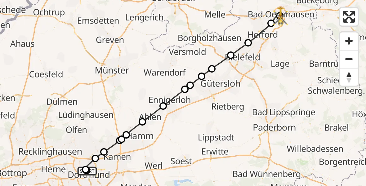 Flugroute Ambulanzhubschrauber Dortmund Hospital North - Bad Oeynhausen, 20 Juni 2026, 09:53