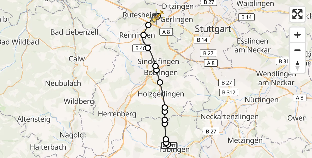 Flugroute Rettungshubschrauber Tübingen University Hospital - Leonberg Hospital, 20 Juni 2026, 09:59