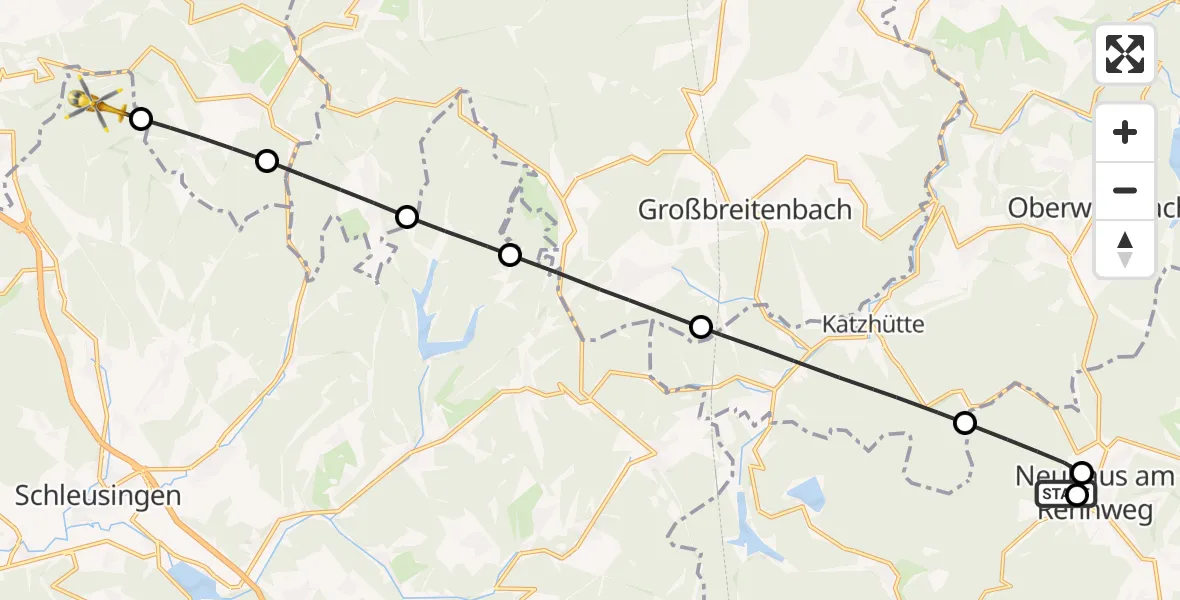 Flugroute Rettungshubschrauber Regiomed Hospital Neuhaus am Rennweg - Schleusingen, 20 Juni 2026, 09:59