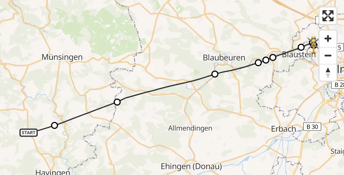 Flugroute Rettungshubschrauber Hayingen - ADAC Air Rescue Station Ulm (Christoph 22), 20 Juni 2026, 10:12