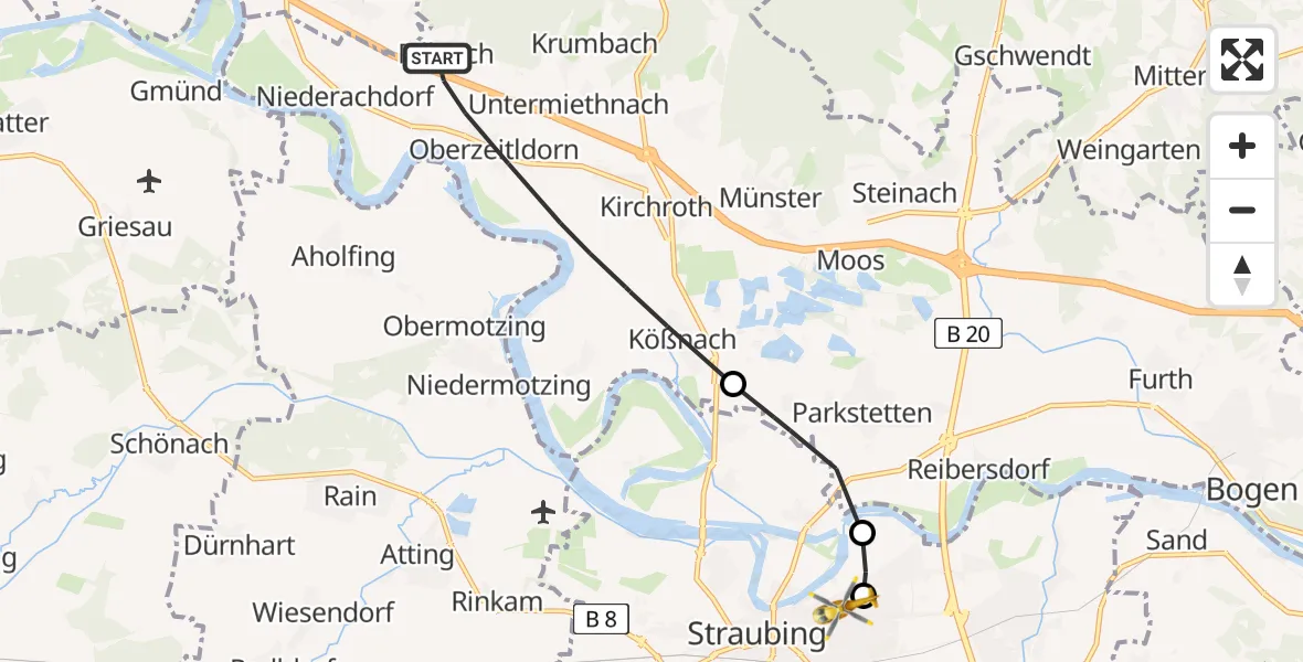 Flugroute Rettungshubschrauber Kirchroth - Sankt Elisabeth Hospital Straubing, 20 Juni 2026, 10:15
