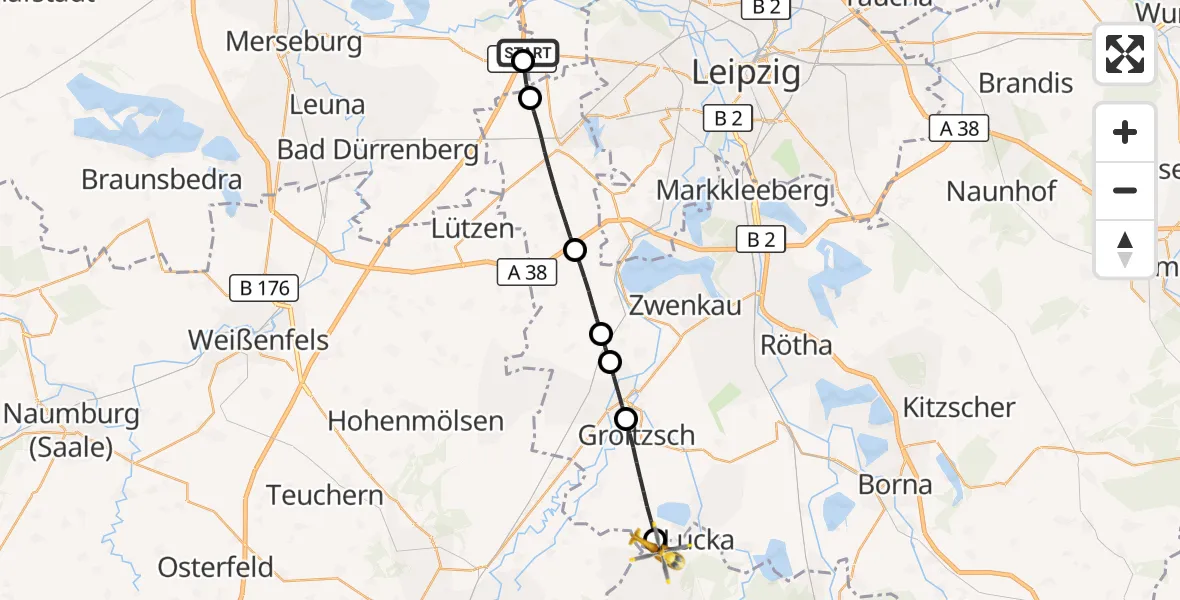 Flugroute Rettungshubschrauber ADAC Air Rescue Station Leipzig/Schkeuditz-Dölzig Hubschrauberlandeplatz (Christoph 61) - Lucka, 20 Juni 2026, 10:14
