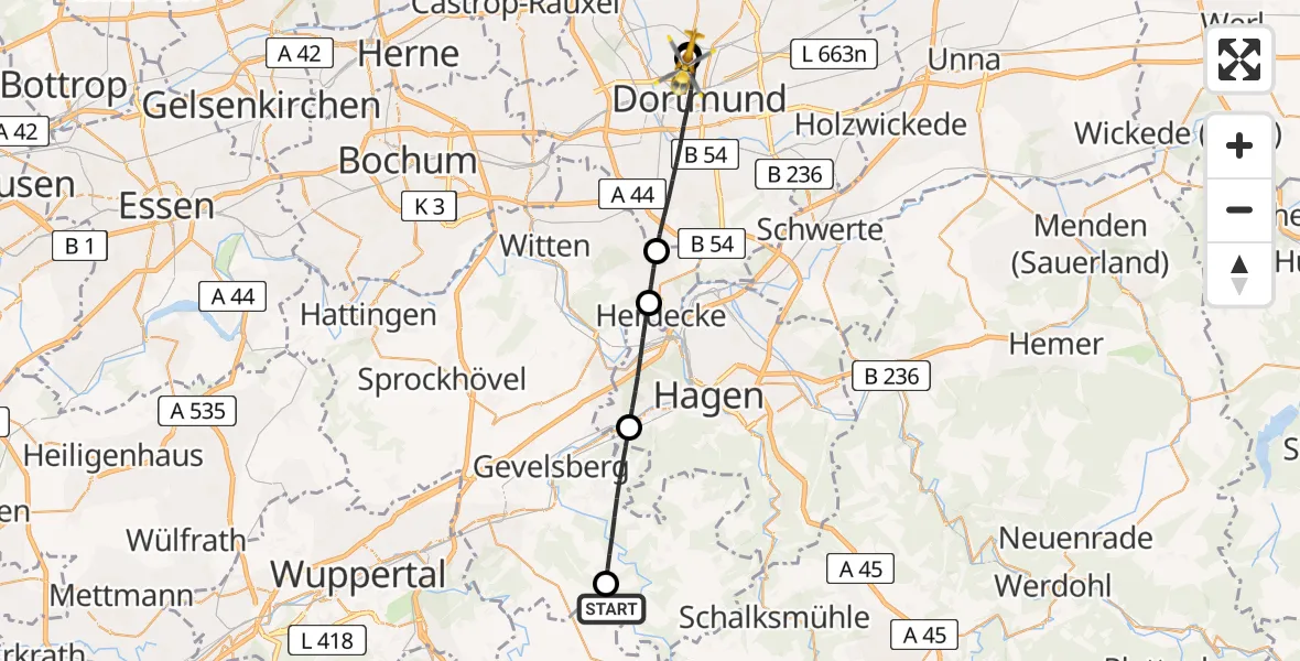 Flugroute Rettungshubschrauber Breckerfeld - Dortmund Hospital North, 20 Juni 2026, 10:22