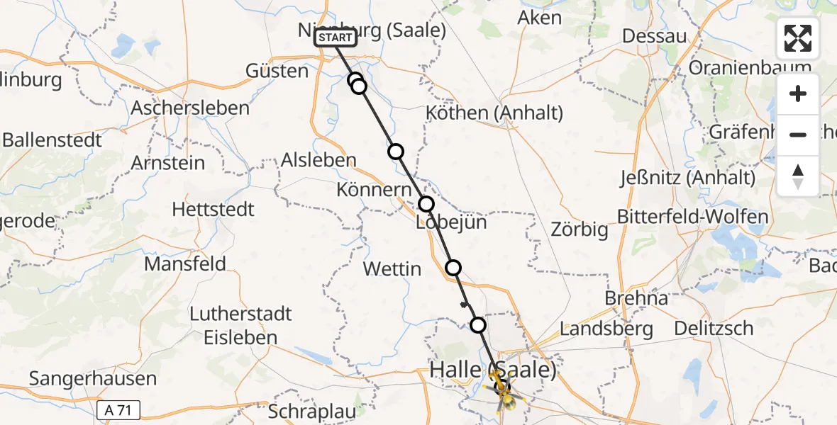 Flugroute Rettungshubschrauber Bernburg (Saale) - BG Hospital Bergmannstrost Halle, 20 Juni 2026, 10:24