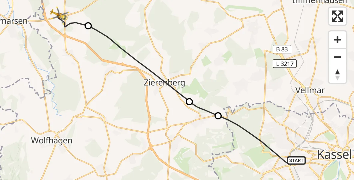 Flugroute Rettungshubschrauber Kassel - Breuna, 20 Juni 2026, 10:25