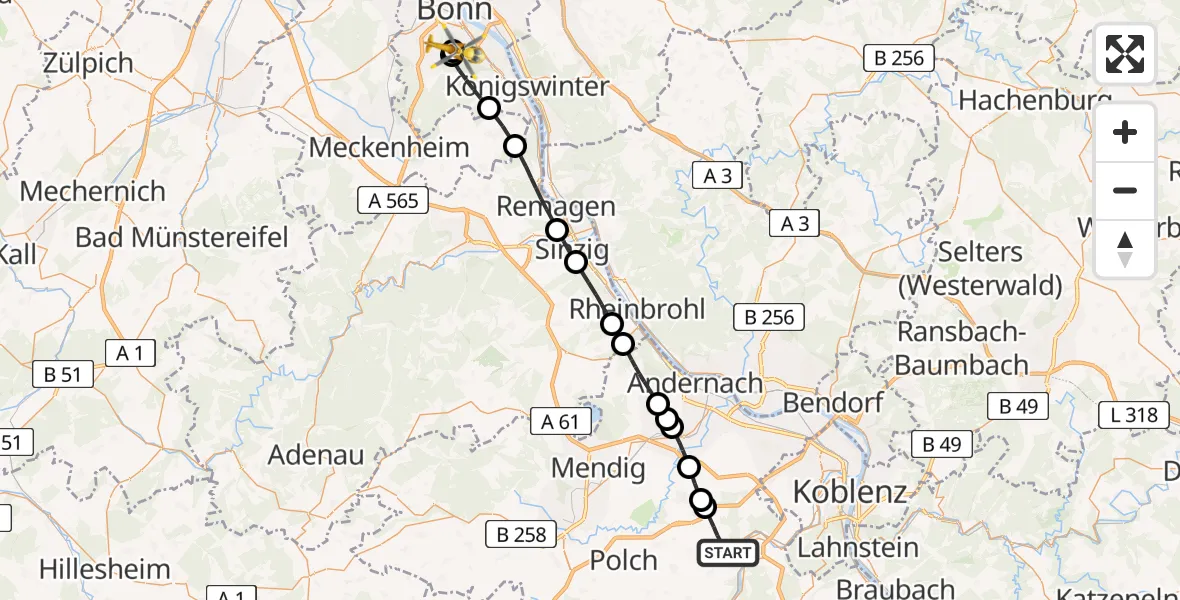 Flugroute Rettungshubschrauber Kobern-Gondorf - Bonn University Hospital, 20 Juni 2026, 10:30