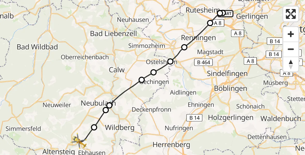 Flugroute Rettungshubschrauber Leonberg Hospital - Ebhausen, 20 Juni 2026, 10:45