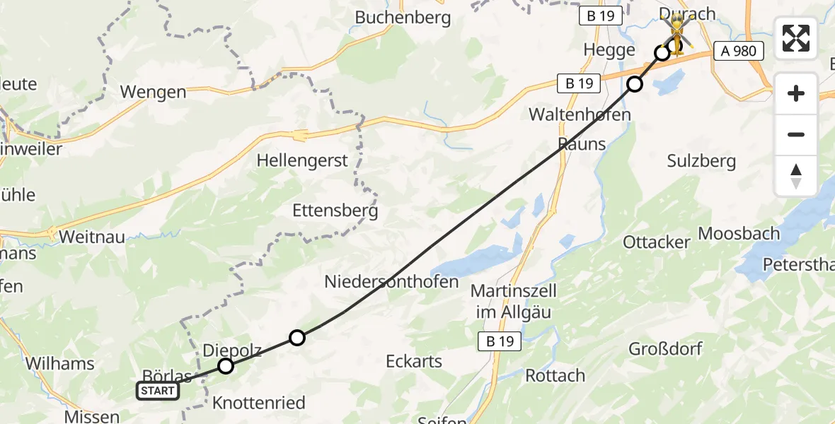 Flugroute Rettungshubschrauber Missen-Wilhams - Kempten-Durach Flugplatz, 20 Juni 2026, 10:48