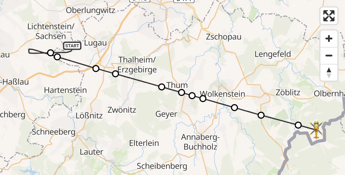 Flugroute Rettungshubschrauber Oelsnitz/Erzgeb. - Marienberg, 20 Juni 2026, 10:50