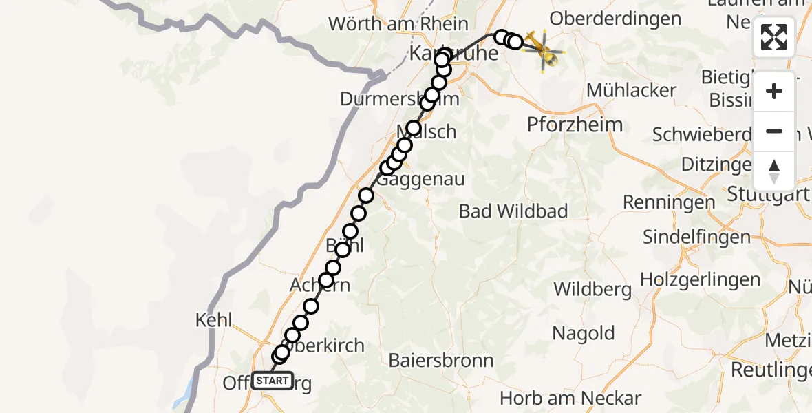 Flugroute Ambulanzhubschrauber Offenburg - Walzbachtal, 20 Juni 2026, 10:51