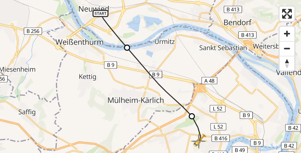 Flugroute Rettungshubschrauber Neuwied - Koblenz, 20 Juni 2026, 10:54