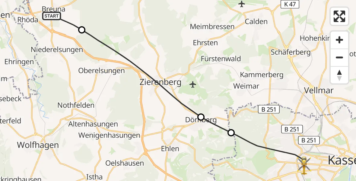 Flugroute Rettungshubschrauber Breuna - Kassel, 20 Juni 2026, 11:03