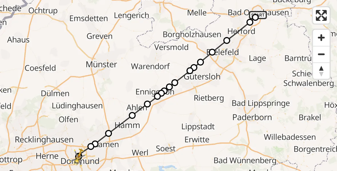 Flugroute Ambulanzhubschrauber Bad Oeynhausen - Dortmund Hospital North, 20 Juni 2026, 11:03