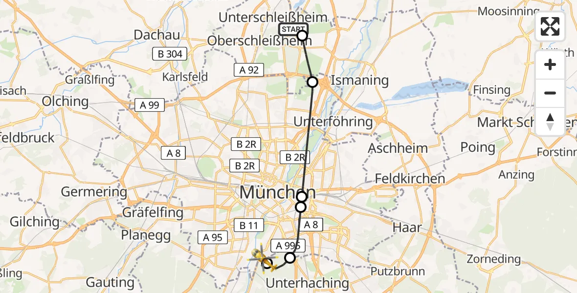 Flugroute Rettungshubschrauber Oberschleißheim - ADAC Air Rescue Center Hubschrauberlandeplatz (Christoph 1), 20 Juni 2026, 11:08