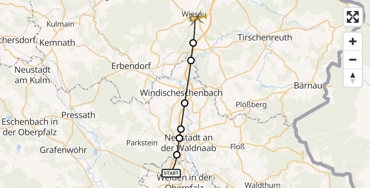Flugroute Rettungshubschrauber Weiden i.d.OPf. - Wiesau, 20 Juni 2026, 11:09