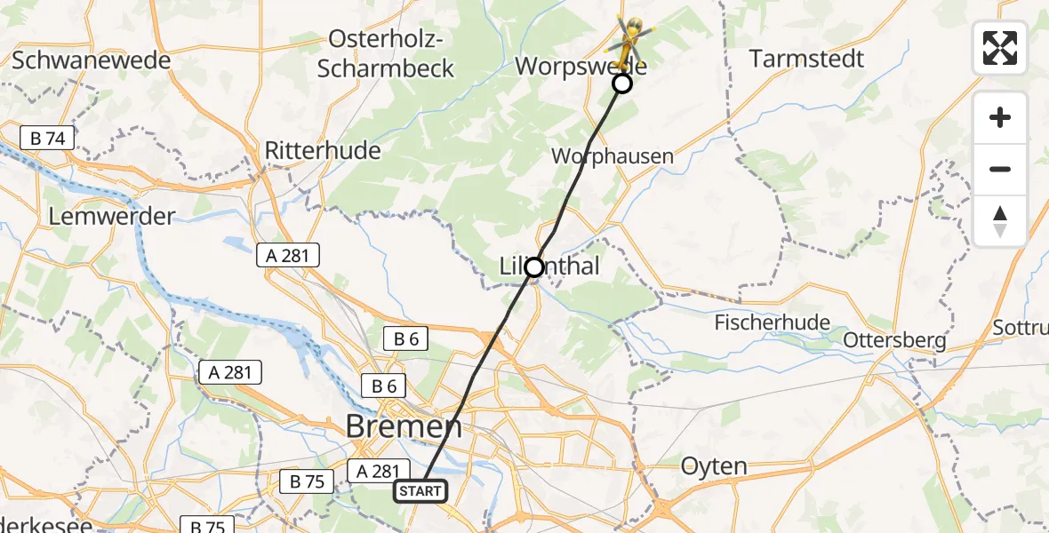 Flugroute Rettungshubschrauber Bremen - Worpswede, 20 Juni 2026, 11:10