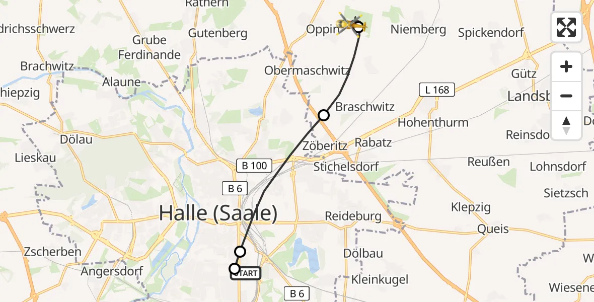 Flugroute Rettungshubschrauber BG Hospital Bergmannstrost Halle - Halle-Oppin Flugplatz, 20 Juni 2026, 11:11