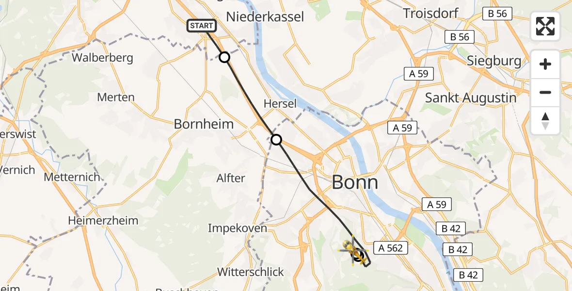Flugroute Rettungshubschrauber Wesseling - Bonn University Hospital, 20 Juni 2026, 11:14