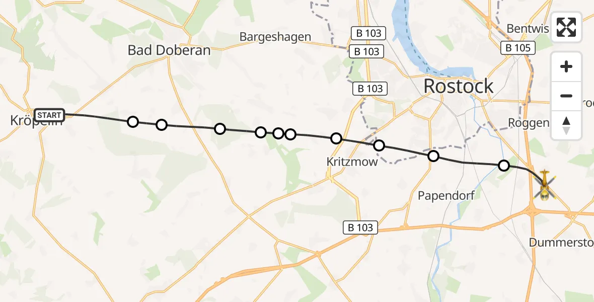 Flugroute Ambulanzhubschrauber Kröpelin - Dummerstorf, 20 Juni 2026, 11:18