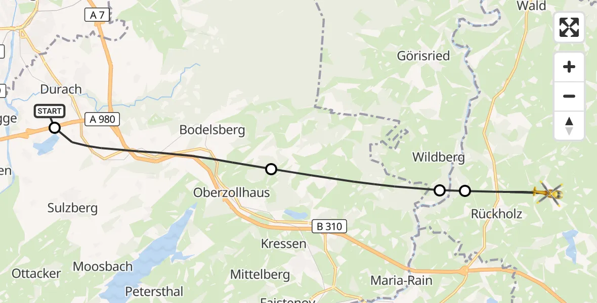 Flugroute Rettungshubschrauber Kempten-Durach Flugplatz - Rückholz, 20 Juni 2026, 11:24