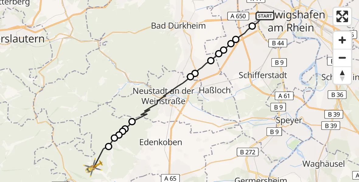 Flugroute Rettungshubschrauber Ludwigshafen am Rhein - Eußerthal, 20 Juni 2026, 11:24