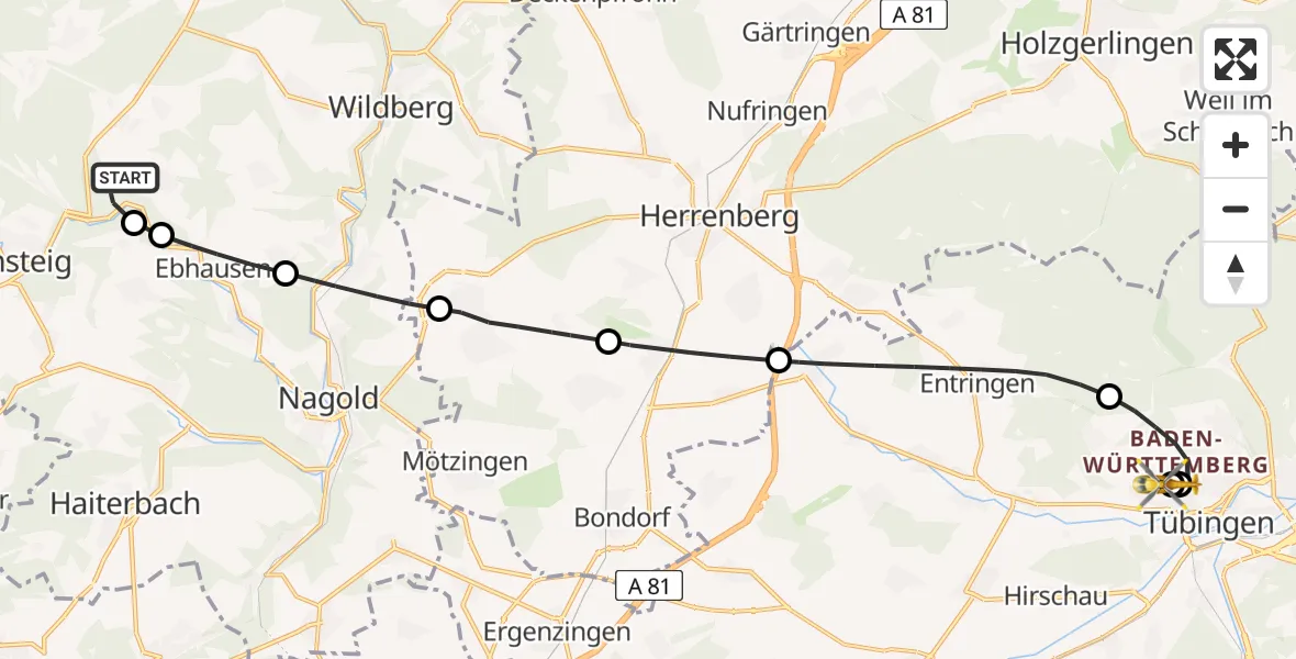 Flugroute Rettungshubschrauber Ebhausen - Tübingen University Hospital, 20 Juni 2026, 11:28