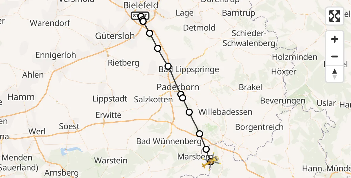 Flugroute Rettungshubschrauber Luftrettungszentrum Bielefeld - Bad Arolsen, 20 Juni 2026, 11:32